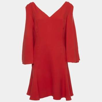 Pre Owned Christian Dior Red Silk Flared Knee Length Dress L