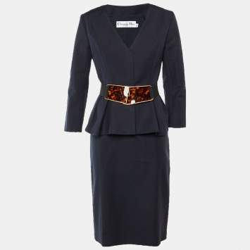 Pre Owned سترة بيبلوم و تنورة قلم كريستيان ديور قطن أزرق بحري مقاس كبير (لارج)