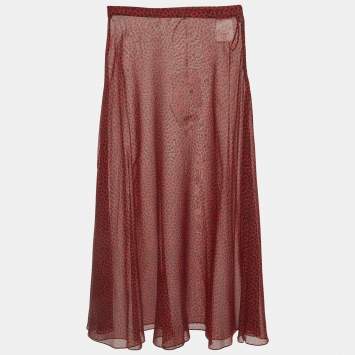 Pre Owned تنورة ميدي كريستيان ديور حرير بنقشة الفهد الأحمر متسعة مقاس صغير (سمول)