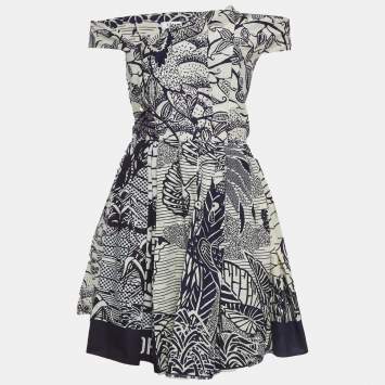 مملوكة مسبقًا Dior Navy Blue/Off White Cotton Off Shoulder La Roue De La Fortune Dress M