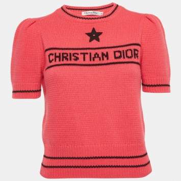 Pre Owned Christian Dior Pink Logo Intarsia Knit Top S