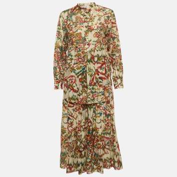 Pre Owned Dior Multicolour Floral Print Cotton Shirt and Midi Skirt Suit M