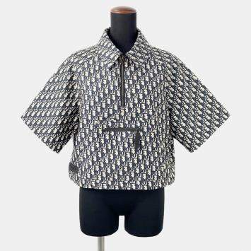 Pre Owned Dior Oblique Technical Taffeta Jacquard Short Sleeve Anorak Size 36 Blue/Ecru Polyester