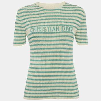 Pre Owned بلوفر مضلّع مقلم أبيض/أخضر كريستيان ديور حياكة مقاس متوسط