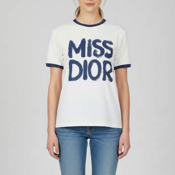 Pre Owned Christian Dior White/Blue Miss Dior Print Cotton & Linen T-Shirt L