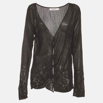 Pre Owned Christian Dior Boutique Black Crinkled Knit Sheer Cardigan S