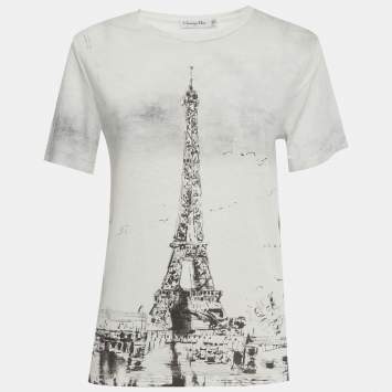 مملوكة مسبقًا Christian Dior Monochrome Eiffel Tower Print Jersey T-Shirt XS