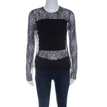 مملوكة مسبقًا Dior Black Floral Lace Long Sleeve Top M