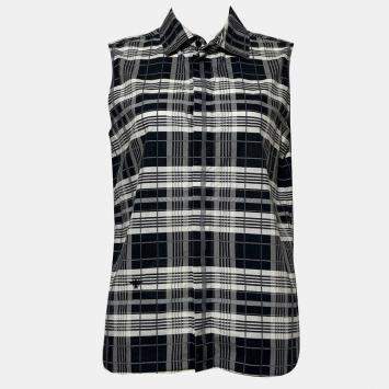 مملوكة مسبقًا Dior Navy and White Plaid Collar Sleeveless Top M