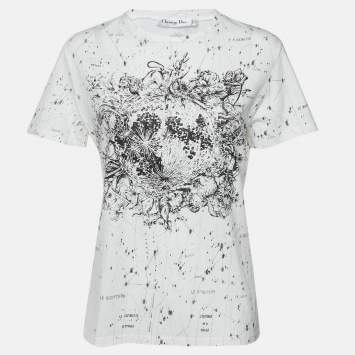 Pre Owned Dior White Zodiac Constellation Print Cotton & Linen Crew Neck T-Shirt M