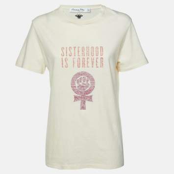 Pre Owned Dior Cream Sisterhood Is Forever Print Cotton & Linen T-Shirt L