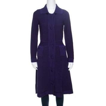 Pre Owned Dior Purple and Black Chunky Knit  Button Front Wool Coat M