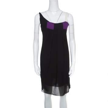 Pre Owned Dior Black Colorblock Silk Draped Front Sleevless Dress M