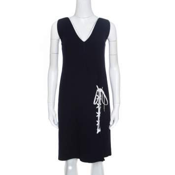 Dior Navy Blue Ribbed Wool Lace Tie Up Detail Sleeveless Dress L