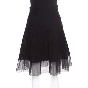 Pre Owned Dior Black Cotton Pleated Sheer Hem Detail Flared Midi Skirt M