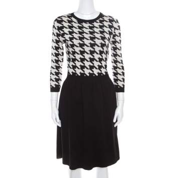 Pre Owned Dior Monochrome Houndstooth Paneled Wool Dress S