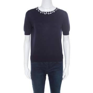 Pre Owned Christian Dior Navy Blue Cotton Silk Crystal Embellished Collar Sweater Top M