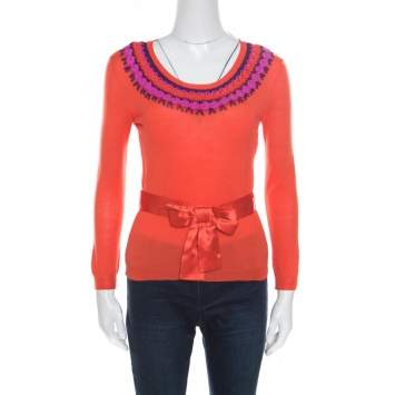 Pre Owned Dior Orange Wool and Silk Crochet Neck Detail Belted Sweater M