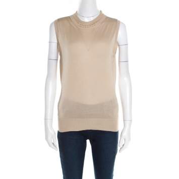 Pre Owned Christian Dior Beige Silk and Merino Blend High Collar Sleeveless Beaded Top L