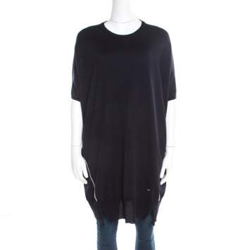 Pre Owned Dior Navy Blue Wool and Silk  Knit Contrast Piping Detail Oversized Tunic M