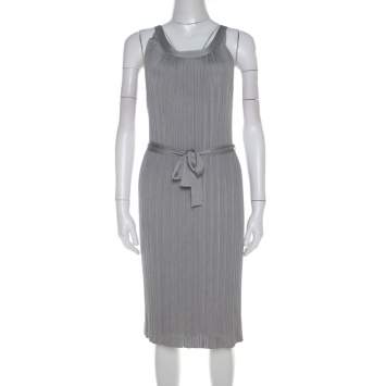 Pre Owned Dior Metallic Silver Lurex Knit Sleeveless Belted Dress M 