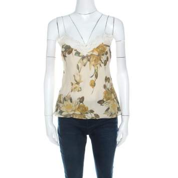 Pre Owned Christian Dior Beige Floral Silk Lace Trim Camisole Top M