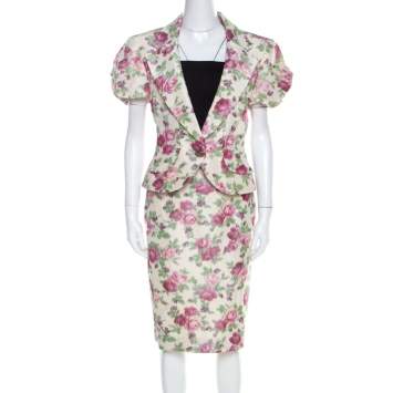 Pre Owned Christian Dior Beige Floral Print Silk Skirt Suit L