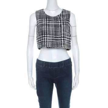 Pre Owned Dior Black & White Tweed Sleeveless Double Breasted Fold Over Crop Top S