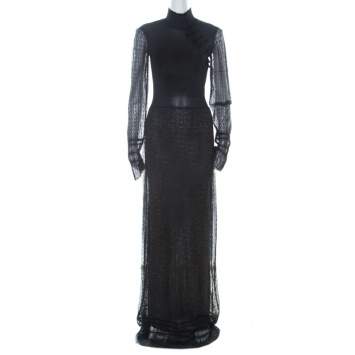 Pre Owned Dior Boutique Navy Blue Crochet and Lurex Knit Mandarin Collar Detail Maxi Dress M 