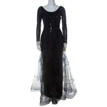 Pre Owned Dior Vintage Black Embellished Tulle Contrast Cuff Detail Scoop Back Gown M