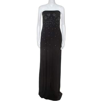Pre Owned Dior Black Crepe Pleat Detail Embellished Strapless Gown M