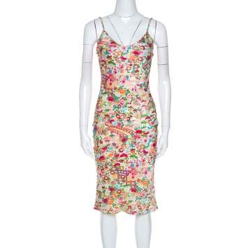 Pre Owned Christian Dior Multicolor Floral Print Silk Slip Dress S