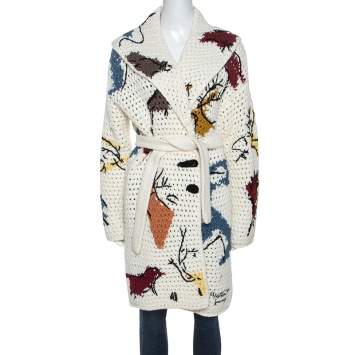 Christian Dior Off White Abstract Knit Chunky Belted Cardigan S 