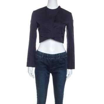 Pre Owned Dior Navy Blue Crepe Overlap Buttoned Cropped Blazer S