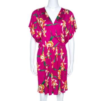 Pre Owned Dior Fuschia Floral Printed Silk Mini Dress L 