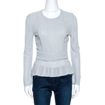 Pre Owned Dior Grey Pointelle Knit Ruched Detail Top M