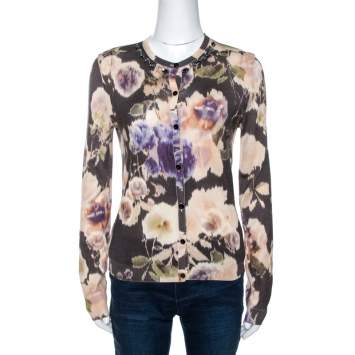 Pre Owned Dior Multicolor Floral Print Wool Silk Knit Embellished Cardigan M