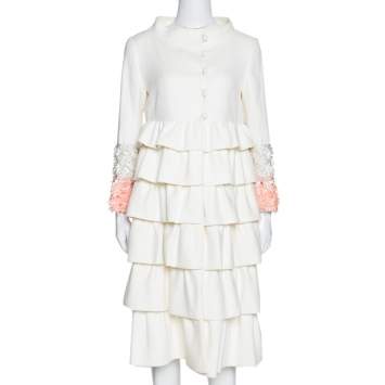 Pre Owned Christian Dior Cream Cotton Ruffled Embellished Sleeve Coat M