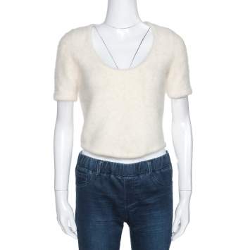 Pre Owned Christian Dior Boutique Cream Angora and Alpaca Wool Blend Fuzzy Crop Top L
