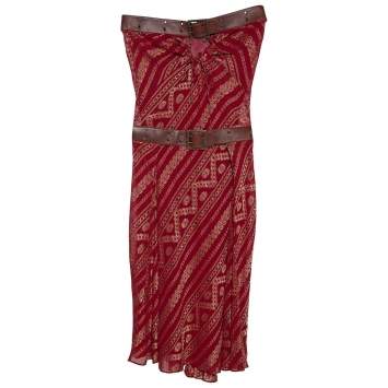 Pre Owned Christian Dior Boutique Maroon Brocade Belted Strapless Dress S