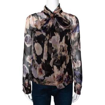 Dior Black & Peach Floral Print Silk Neck Tie Detail Blouse S