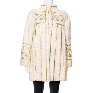 Pre Owned Dior Vintage Cream Fur Gold Paneled Coat L