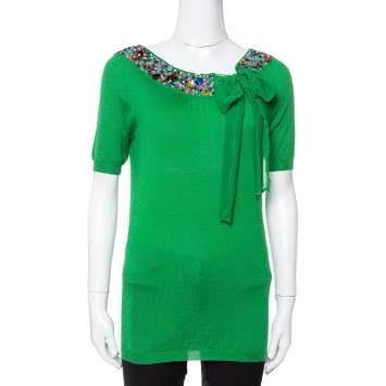 Pre Owned Dior Green Cashmere & Silk Knit Embellished Neck Top M