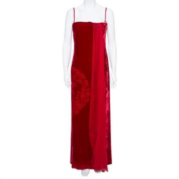 Pre Owned Christian Dior Boutique Red Devoré Velvet Chiffon Draped Gown XL
