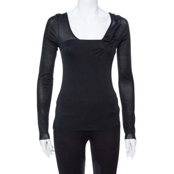 Pre Owned Dior Black Cotton & Silk Floral Detail Long Sleeve Top S