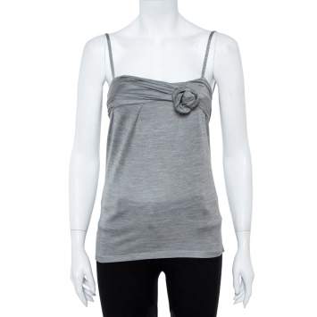 Pre Owned Dior Grey Silk Knit Floral Applique Detail Sleeveless Top S
