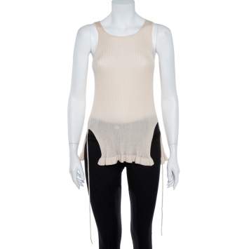 Pre Owned Christian Dior Beige Rib Knit Front Tie Detail Sleeveless Top S