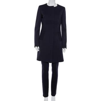Pre Owned Christian Dior Navy Blue Wool Paneled Coat & Tapered leg Trousers Set M