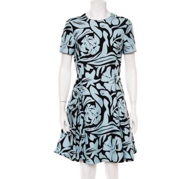 Pre Owned Christian Dior Blue & Black Printed Cotton Pleated Mini Dress L