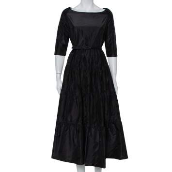 Pre Owned Christian Dior Black Silk Belted Tiered Maxi Dress L